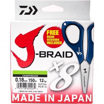 Шнур DAIWA J-Braid X8E-W/SC 0,18мм 150м chartreuse + ножницы